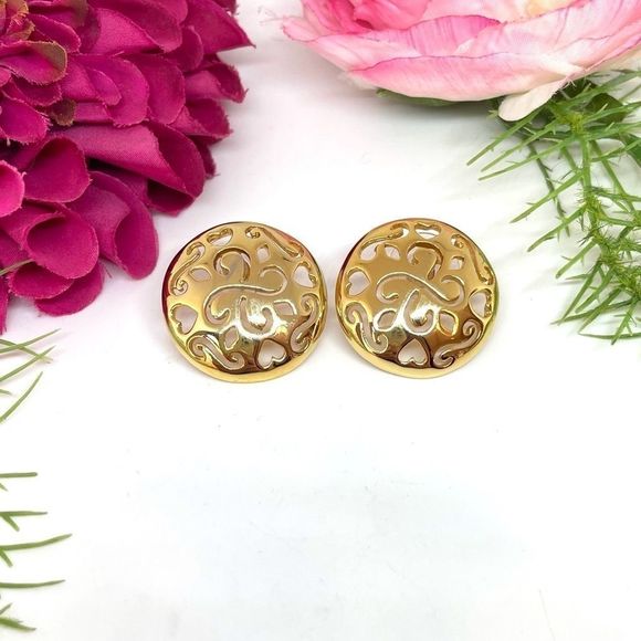 VINTAGE⚜️ORNATE Design Golden Round Earrings - Picture 1 of 7